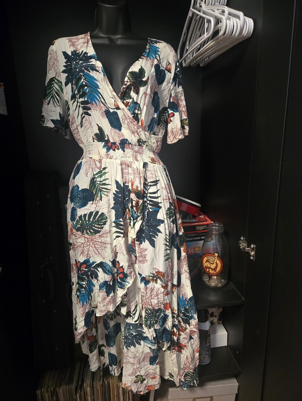 KorMei Tropical Botanical Print High-Low Wrap Dress Smocked Waist
